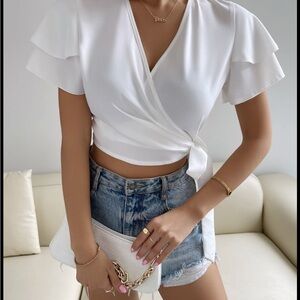 White Wrap Blouse with Ruffle Sleeves